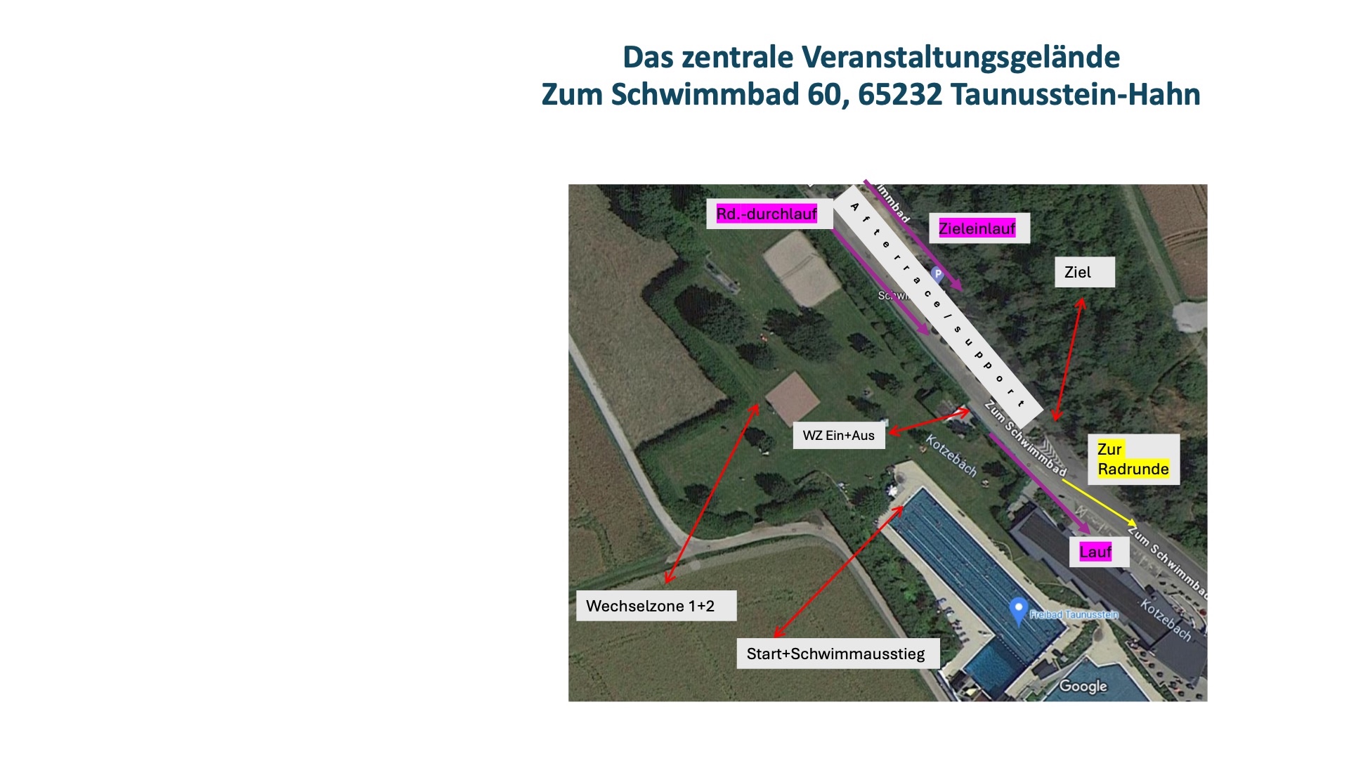 Luftaufnahme des Veranstaltungsgeländes Freibad Taunusstein-Hahn mit Start, Schwimmausstieg, Wechselzone und Zieleinlauf
