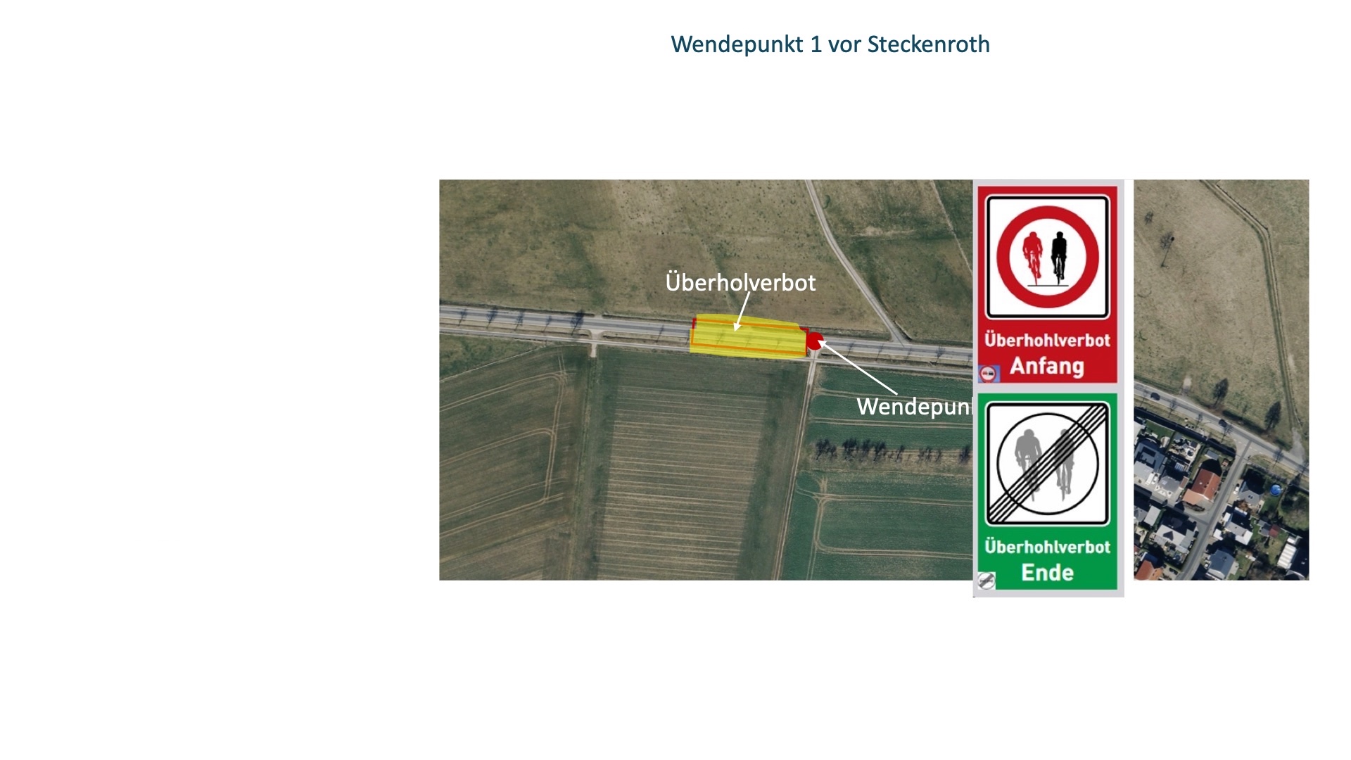 Markierte Überholverbotszone am Wendepunkt 1