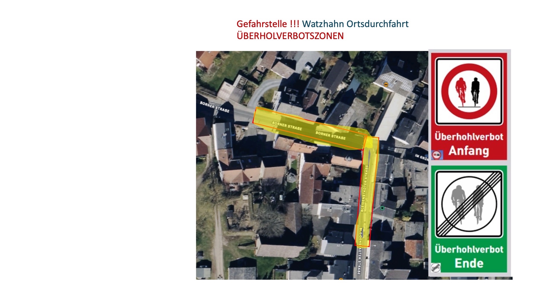 Übersicht aller Überholverbotszonen in der Ortsdurchfahrt Watzhahn